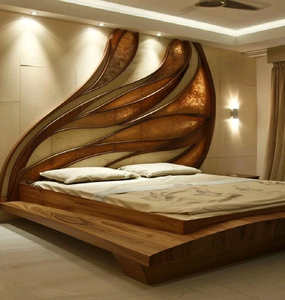 Cama con dosel moderna de madera curvada con texturas de vetas e iluminación ambiental. Disponible a precios de mayorista. Pieza única y distintiva. - Product Image 4