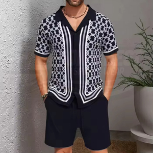 Men's Breathable 2-Piece <b>Knitted</b> <b>Set</b>-Short Sleeve Solid Shirt and Shorts Casual Summer Beach Wear 100% Polyester - Product Image 5