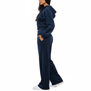 Nouvelle Arrivée Ensemble 2 Pièces Femme Style Hip Hop en Coton Brodé Uni avec Dentelle, Haut Décontracté et Sweat à Capuche Zippé Longueur Intégrale - Product Image 2