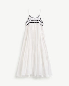 เดรสไหมพรมแขนสั้นคอกลมสำหรับผู้หญิง แต่งโครเชต์ ทรงปกติ สวมใส่สบาย ยาวแบบแม็กซี่ เอวธรรมชาติ สีพื้น ระบายอากาศได้ดี - Product Image 1