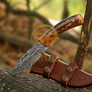 Cuchillo de Caza de Hoja Fija de Acero de Damasco, Punta Caída, Borde Recto, Mango de Madera, Funda de Cuero, Cuchillo para Acampar al Aire Libre - Product Image 5