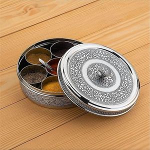 Boîte à épices traditionnelle indienne en métal gaufré, multi-compartiments, ronde, pour cuisine, Masala Dabba avec cuillère - Product Image 1