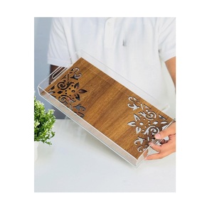 Plateau de service rectangulaire en bois avec motif floral découpé et poignée en acrylique transparent, plat décoratif - Product Image 3
