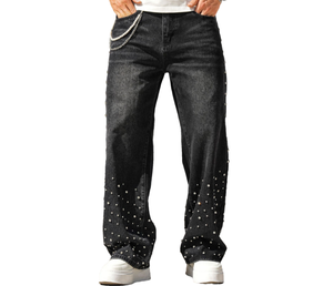 Jean en denim délavé taille haute pour homme, coupe large, avec rivets décoratifs, style urbain, fermeture boutonnée, 100% coton tissé, collection automne - Product Image 1