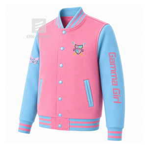 Chaqueta universitaria personalizada de la hermandad Gamma Phi Delta, azul cielo y rosa, manga larga, cierre frontal con cremallera, cuello con ribete, logotipo bordado, algodón - Product Image 2
