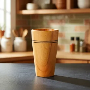 Handmade Wooden Drinking <b>Glass</b> <b>Tumbler</b> with Natural Wood Grain and Double Black Stripe Design - Product Image 4