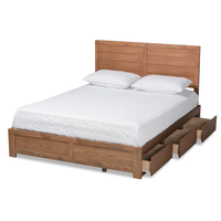 Lit plateforme moderne en bois massif avec 3 tiroirs de rangement, design élégant, taille personnalisable, idéal pour chambre et hôtel