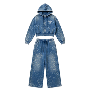 Ensemble de survêtement deux pièces décontracté pour femme, noir délavé, hiver, avec sweat à capuche court zippé et pantalon large à cordon de serrage, 100% coton molletonné - Product Image 1