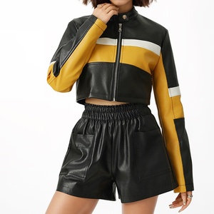 New <b>Ladies</b> <b>Cropped</b> Biker Leather <b>Jacket</b> Long Sleeve Waterproof Winter Outwear with Stand Collar Solid Pattern Motorcycle <b>Jacket</b> - Product Image 4