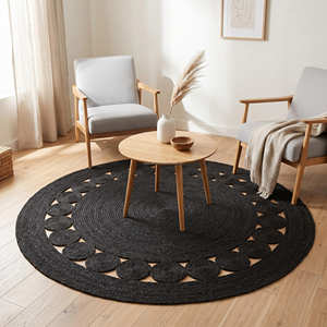 Tapis rond en jute tressé avec bordure florale en terre cuite pour maisons rustiques et bohèmes - Product Image 4