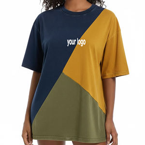 Nueva Camiseta Oversize para Mujer con Bloques de Color, Cuello Redondo, Manga Corta, 100% Algodón, Corte Holgado con Estampado de Logotipo - Product Image 1