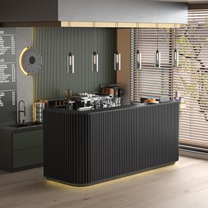 Comptoir de réception incurvé de 70,8 pouces avec grille à lattes verticales et éclairage LED intégré, comptoir moderne pour salon, clinique, salle de sport et hôtel - Product Image 2