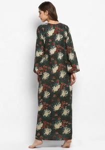 Vestido de noche verde oscuro hasta el suelo rojo marfil estampado Floral bloque de mano estampado manga larga cómodo algodón suave Natural - Product Image 4