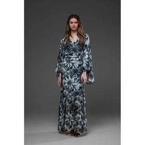 เดรสยาวลายดอกไม้สีเทาสุดหรูสำหรับผู้หญิง คอวี แขนยาว ทรงเข้ารูป สไตล์โบฮีเมียน เหมาะสำหรับงานเลี้ยงตอนเย็น - Product Image 1