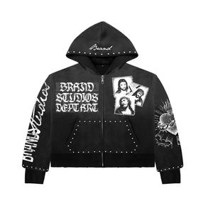 Sudadera con capucha y cremallera para hombre, negra, estilo urbano, estampada, oversize, de felpa francesa, 100% poliéster, para otoño. - Product Image 1