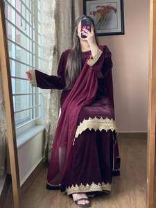Velvet Sequence Embroidery <b>Kurti</b> and Palazzo Set with Georgette Dupatta Luxury Festive Ethnic Party Wear Fully Stitched - Product Image 3