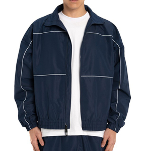 Men's Navy Blue Sporty <b>Track</b> <b>Jacket</b> White Stitching Full Zip Hooded Collar Breathable Knitted Polyester/Nylon Winter Wear - Product Image 5