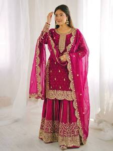 Ensemble Kurti Sharara brodé avec dupatta – Tenue ethnique de créateur pour femme, richement ornée de Zari, idéale pour les mariages et les fêtes - Product Image 3