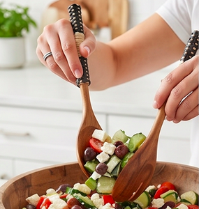Modern Wooden Salad Servers Set With Woven Handles Bohemian Style Eco Friendly Flatware For <b>Kitchen</b> Use <b>Camping</b> And Hotel Use - Product Image 6