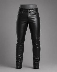 Pantalon en cuir véritable noir taille haute pour homme, coupe droite, style moto, fermeture boutonnée, pour l'hiver - Product Image 2