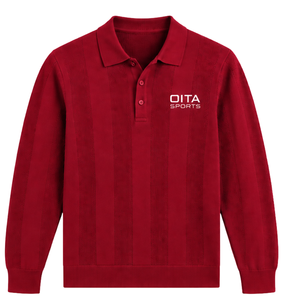 Suéter Polo Rojo Rubí para Hombre, Manga Larga, Diseño de Punto con Rayas Verticales Texturizadas, Puños Acanalados, Camisa Casual Premium - Product Image 1