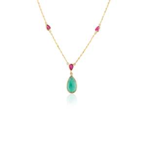 18K Yellow Gold Teardrop Emerald and Ruby <b>Necklace</b> <b>Chain</b> for Wedding Party Gift Anniversary - Product Image 3