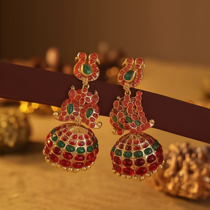 18K Gold Plated Peacock Kemp Jhumka Drop Earrings for Party & Gift - Product Image 3