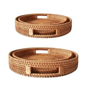 PHU HAO Wicker Rattan Handmade Eco-Friendly Space-Saving Multi-Purpose Storage <b>Basket</b>/<b>Tray</b> with Handles for Home Decor - Product Image 1