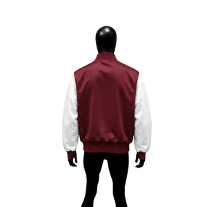 Veste universitaire personnalisée en satin marron et blanc pour hommes, qualité supérieure, style bomber de baseball avec manches contrastées et fermeture éclair intégrale - Product Image 2
