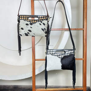 Nouveauté 2026 Sac à main à franges en cuir de vachette à poils occidentaux Sac à main à poignée supérieure en cuir véritable à carreaux Sac bandoulière pour femmes - Product Image 3