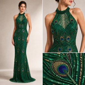 Vestido de Noche de Lujo Color Verde Esmeralda, con Lentejuelas y Cuentas, Cuello Alto, Moderno, para Fiesta Formal |   Ropa de Diseñadora para Mujer OEM India - Product Image 6