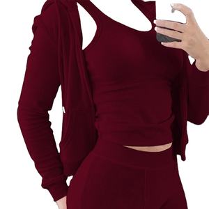 100% algodón logotipo personalizado mujer chándal conjunto de chándal estilo de moda Color sólido 3 uds mujeres Zip Hoodie Set 2026 - Product Image 6