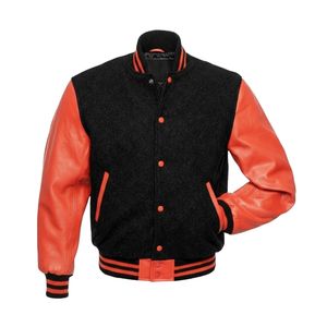 Black Orange Contrast Sleeve <b>Varsity</b> <b>Jacket</b> Wool Blend Baseball <b>Bomber</b> Coat Striped Ribbed Trim <b>Men</b> Fashion <b>Jacket</b> - Product Image 1