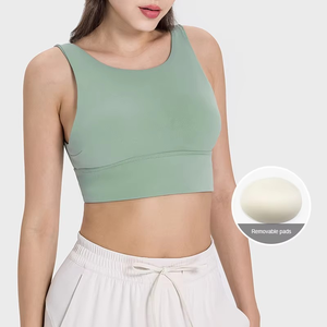 Women's Brown Seamless Backless Sports Bra Scoop Neck Racerback Medium Support Yoga Workout Bra Solid Color Logo on Hem - Product Image 6