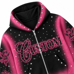 Custom <b>Pink</b> And Black Zip Up Hoodie With Rhinestone Angel Print And Raw Frayed Hem Design For Unisex Wear - Product Image 3