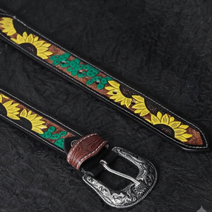 Ethnic Embroidered Cow Hide <b>Belt</b> Sunflower Pattern Embossed Unisex Western Leather Tooling <b>Belt</b> with <b>Silver</b> Cowboy <b>Buckle</b> - Product Image 6