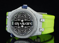Premium Iced VVS Moissanit Diamant-Uhr mit Limettengrünem Strukturiertem Zifferblatt, Analogglas, Silberner Lünette und Grünem Gummiarmband - Luxuriöse Zeitmesser