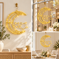 Décoration de fenêtre pour Ramadan et l'Aïd : petite lune croissante à double couche avec étoiles jumelles et crochet en métal, fonctionnant sur piles LED