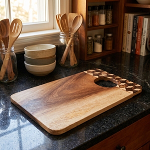 Food Grade Suar Wood Rectangular Cutting Board With Coconut <b>Shell</b> Dark And White Inlay Chess Pattern <b>Light</b> Brown For The Kitchen - Product Image 4