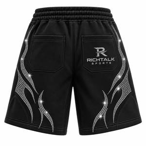 <b>Men's</b> Black Rhinestone Polyester/Cotton Mid Waist Elastic <b>Shorts</b> Drawstring <b>Zip</b> <b>Pockets</b> Breathable Summer Sporty Style - Product Image 2