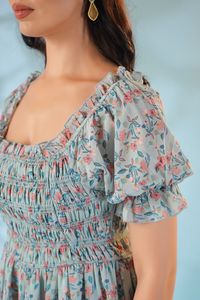 Robe en mousseline à imprimé floral, col carré, manches bouffantes, coupe trapèze, style bohème, taille élastique, coupe décontractée, tenue décontractée d'été - Product Image 5