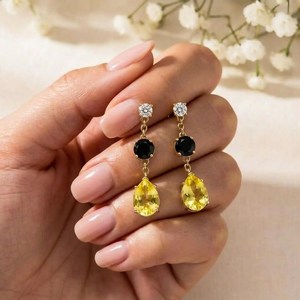 Lemon Quartz & Black Obsidian Drop <b>Earrings</b> Pear Oval CZ Accent Minimalist Dangle <b>Studs</b> Sterling <b>Silver</b> Jewelry Gift For Her - Product Image 6