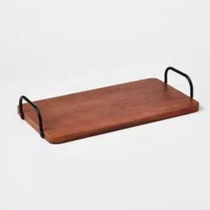 Luxury Solid Wood Serving Tray Modern Rectangular Food Platter with Iron Handles For <b>Kitchen</b> Dining Table Home <b>Decor</b> Organizer - Product Image 1
