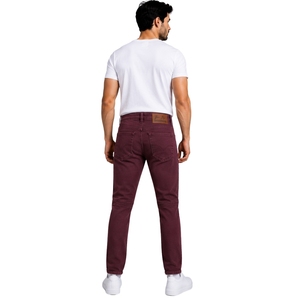 Custom Burgundy <b>Men</b> Slim Fit Biker Jeans Stretch Denim Pants Ribbed Knee Detail Casual Streetwear Fashion <b>Trousers</b> With Pockets - Product Image 2
