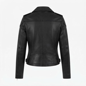 Veste de moto en cuir véritable pour femme, manches longues, fermeture éclair, col rabattable, couleur unie, vêtements d'extérieur d'automne - Product Image 6