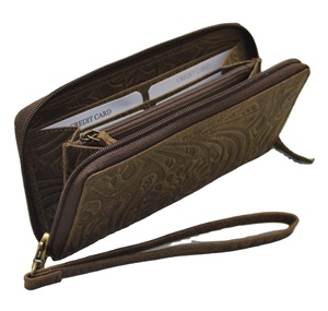 Women's Genuine Leather Long <b>Wallet</b> Floral Embossed Zipper Closure Vintage Style Handmade Daily Use - Product Image 4