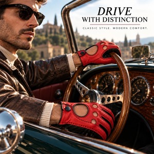 Men <b>Leather</b> Driving Motorcycle <b>Gloves</b> Red Black Perforated Breathable Unlined Snap Button Wrist Racing Car Custom Logo - Product Image 5
