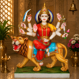 Colorful Marble Durga Maa Statue on Lion | Hand Painted Durga Mata Murti with Eight Arms by MALIYAS Jaipur - Product Image 1
