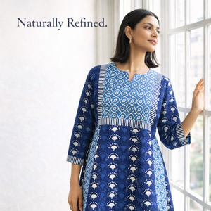 Robe longue décontractée en coton indigo faite à la main, imprimée au bloc, col en V, manches longues, contraste Kali, vente en gros - Product Image 2