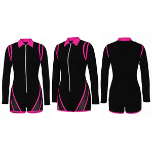 Combinaison moulante sexy pour femme à taille haute et manches longues avec fermeture éclair, color block, en Spandex et Polyester, idéale pour les soirées - Product Image 3